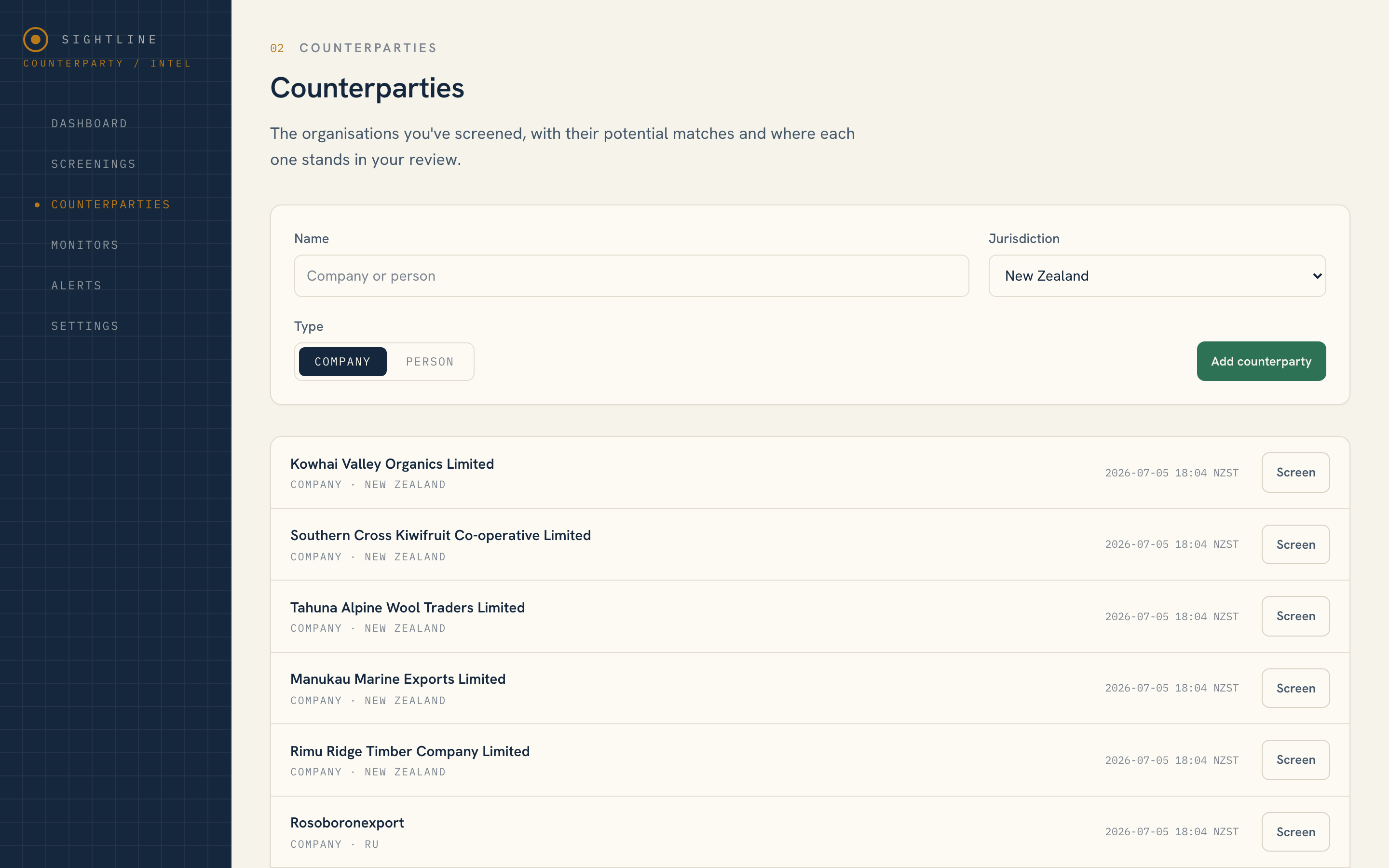 Sightline counterparties list: the organisations you've screened and where each stands in review.